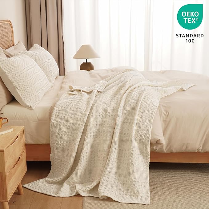 PHF 100% Cotton Waffle Weave Throw Blanket, Lightweight Breathable Summer Blanket for Couch Sofa, Pre-Washed Soft Throws for Bed, Office, Travel & Stylish Home Decor, 50"x60", Natural