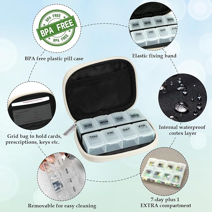 Serfeymi Weekly Travel Pill Organizer Pill Case for Purse with Removable 7 Day Pill Box, Fashionable Travel Medicine Organizer Pill Container for Medicine, Vitamin, Supplement - Bloom 01 + Pill Box