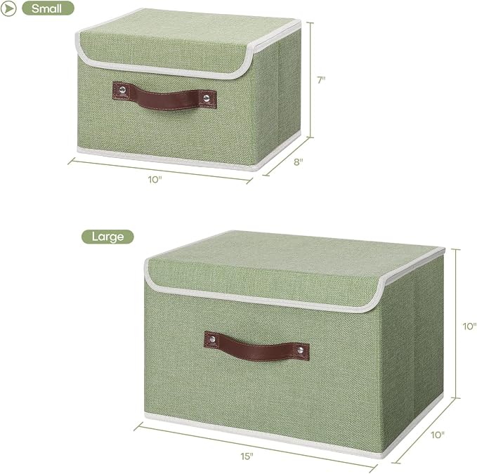ANMINY Fabric Storage Box Bins with Lids, Green, 10"x8"x7" | Keepsake Memory Storage, Cotton Linen, PP Board Reinforced, Washable, PU Handles, Foldable & Stackable, Decorative, Small