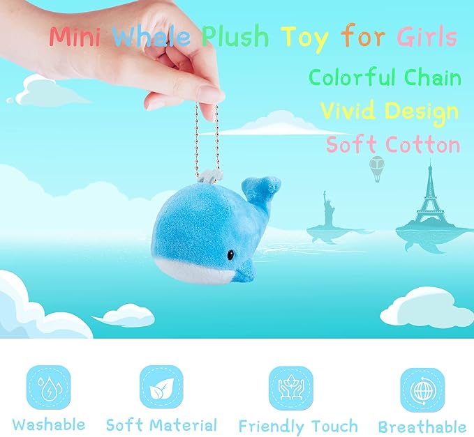 Whale Plush Toy Set BB FUNHOUSE 6 Packs Soft Easter Animal Stuffed Plush Key Chain Set Goodie Bag Fillers Party Favor Carnival Prizes for Kids Boys and Girls, 3.14inch