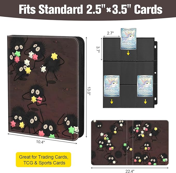 9-Pocket Trading Card Binder & Sports Card Book, 3-Ring Zipper Album Holds 900 Cards with 50 Removable Pages, Fits Standard 2.5" x 3.5" Game & TCG Cards, Water-Resistant PU Cover