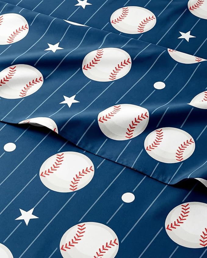 CGK Unlimited Kids Baseball Queen 4 Piece Sheet Set - Boys, Girls, Teens, Toddler - Easy Fit Deep Pockets - Ultra Soft, Cooling & Breathable Sheets - Cute, Cozy, Fade & Wrinkle Free - Machine Washable
