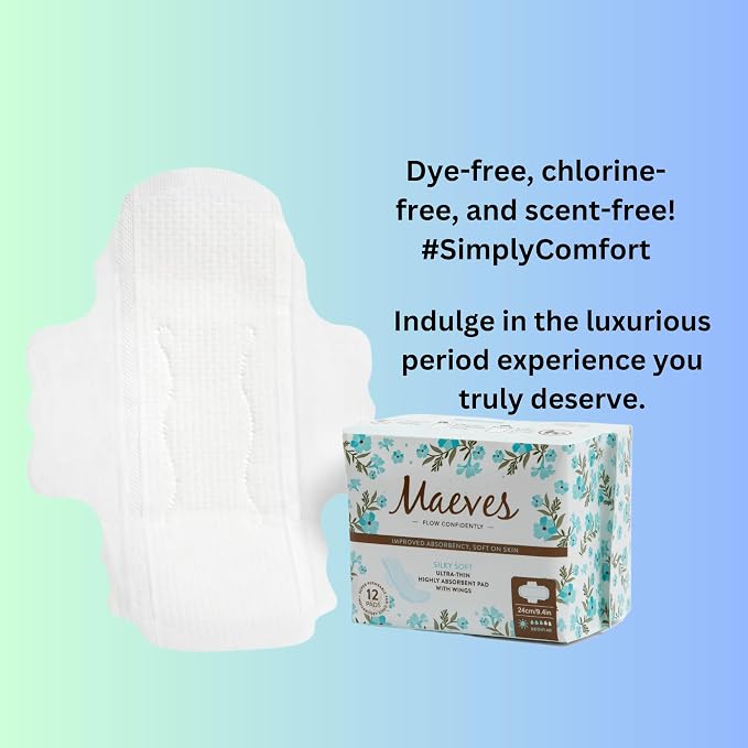 Maeves Pads Ultra Thin, Unscented Feminine Care, Regular Absorbency, Teen, Tween Period Pads, Sanitary Napkins with Wings for Women- 24 Count (2 Packs of 12)