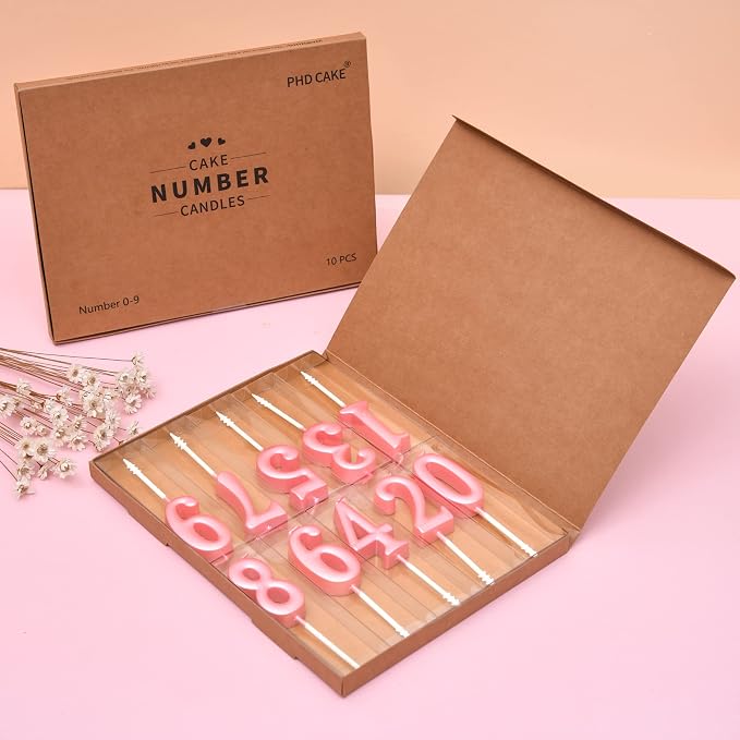 PHD CAKE 10-Pieces Pink Numeral Birthday Candles, Cake Numeral Candles Number 0-9 Glitter Cake Topper Decoration for Birthday,Wedding Anniversary,Party Celebration