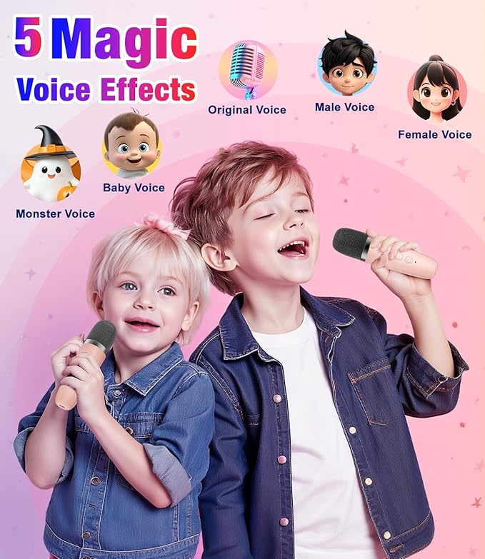 Mini Karaoke Machine, Portable Bluetooth Speaker with 2 Wireless Microphones for Kids & Adults, Karaoke Microphone with LED Lights, Gifts for Girls & Boys_Pink