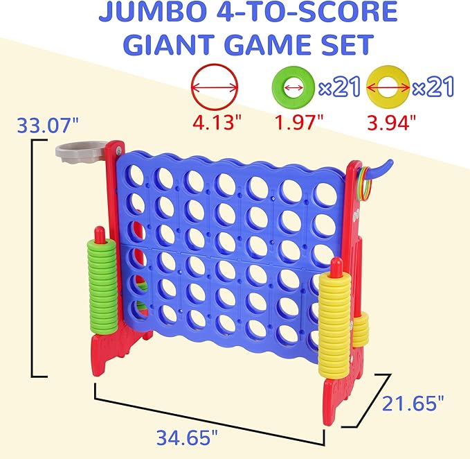 Elevon Giant 4-to-Score Game Set, 4-in-A-Row Jumbo w/Basketball Hoop, Ring Toss, 42 Jumbo Rings & Quick-Release Slide, 2.75FT Tall Indoor Outdoor Yard Family Connect Game for Kids & Adults