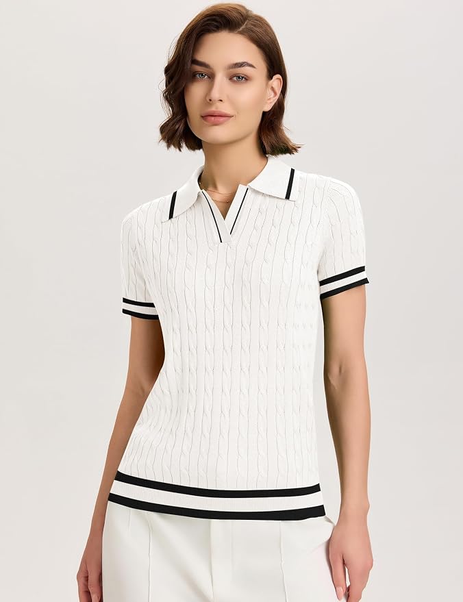 Micoson Womens Short Sleeve Sweater Tops Lapel V Neck Polo Shirts 2026 | Summer Cable Knit Loose Blouses, Business Casual Outfits