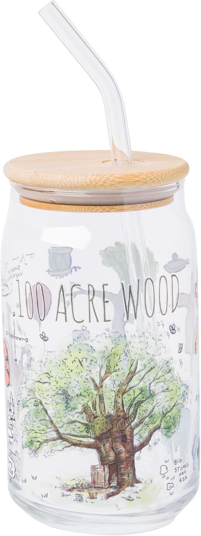 Silver Buffalo Disney Winnie the Pooh 100 Acre Wood Glass Tumbler with Bamboo Lid and Straw Featuring Winnie the Pooh and Eeyore, 16 Ounces