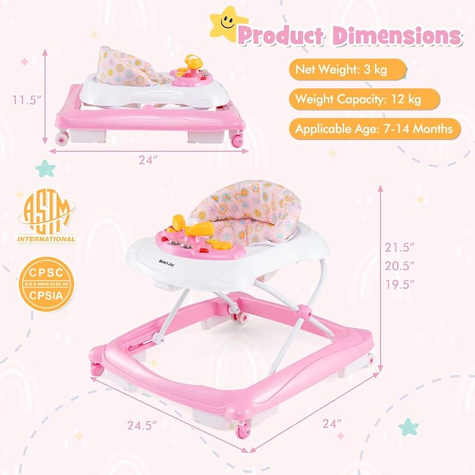 HONEY JOY Baby Walker, 5 in 1 Infant Activity Walker with Wheels, Music, Removable Cushion, Toddler Foldable Push Walker for Boys Girls, Anti-Rollover Walkers for Babies 7-14 Months (Pink)