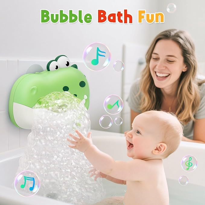 Baby Bath Toys, Rechargeable Dinosaur Bath Bubble Machine with Music, Bathtime Bathtub Toys for Toddlers Birthday Valentines Gifts, Bubble Maker Toys for Kids Ages 1-3 4-8 Baby Gifts(Green)