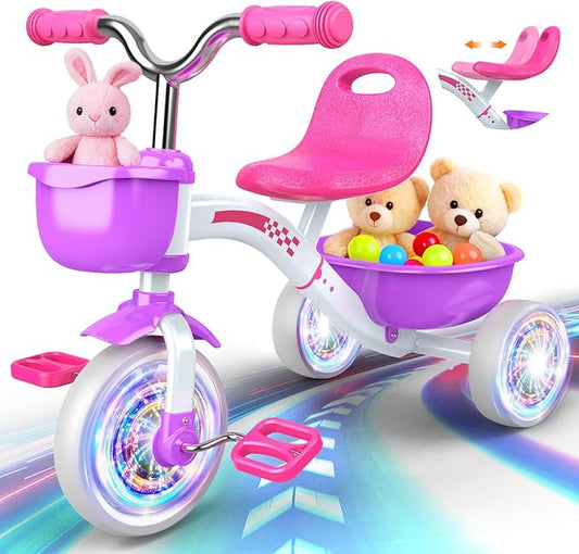 Toddler Tricycle for 1-3 3-5 Year Olds, 2 3 4 5 Year Old Girl Birthday Gifts, Toddler Baby Bike, Outdoor Riding Toys for Ages 2-4, 4-Level Adjustable Seat, 3 Color Light Wheels, 2 Baskets