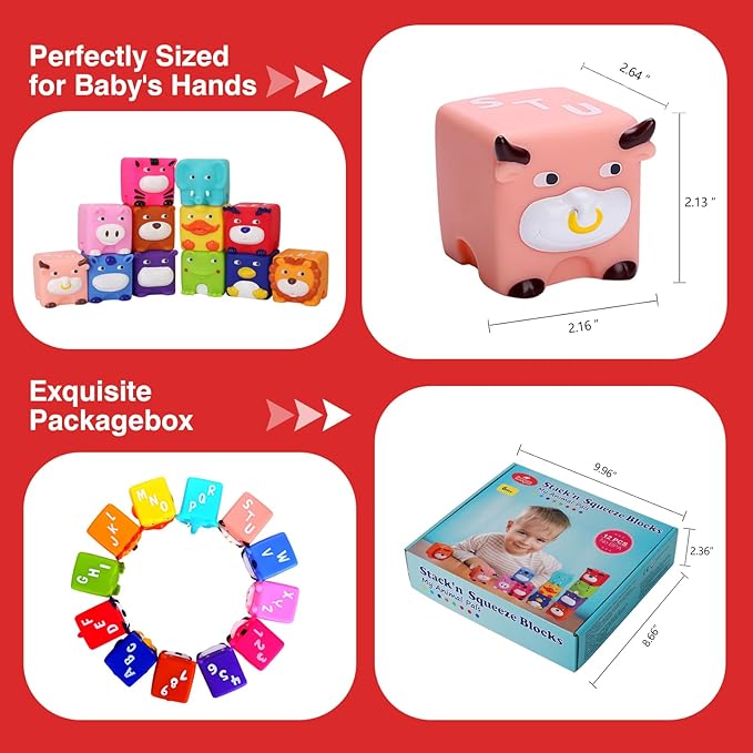 Soft Baby Blocks – Stacking & Building Toys for Babies and Toddlers – 12 No Hole Squeeze Animals Blocks – Sensory Teething Toys for Infant 6 Months+