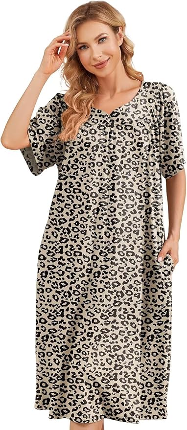 House Dresses for Women with Pockets Moo Moo Nightgown Short Sleeve Mumu Dress Lounge Dress S-3XL
