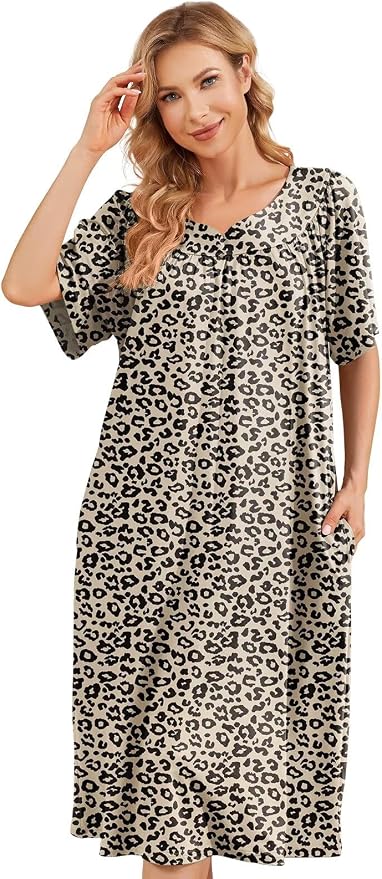 House Dresses for Women with Pockets Moo Moo Nightgown Short Sleeve Mumu Dress Lounge Dress S-3XL