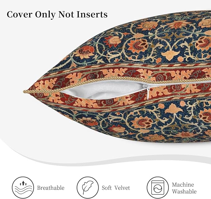 Floral Vintage Velvet Pillow Covers 18x18 In Orange Bohemian Tapestry Art Deco Throw Pillows for Couch Soft Durable Cushion Covers Pillowcase Antique Boho Flower Pillow Cases for Sofa Bed Living Room