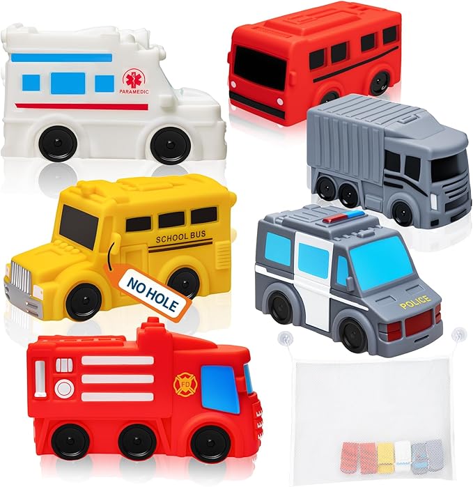 Mold Free Bath Toys with Mesh Storage Organizer, 6 Packs No Hole Baby & Toddler Bathtub Toys: Water Floating Vehicles Truck School Bus Car Toys, Sealed Soft Silicone Rubber Bath Toys for Kids Ages 0+