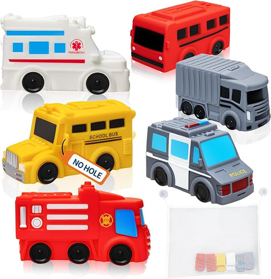 Mold Free Bath Toys with Mesh Storage Organizer, 6 Packs No Hole Baby & Toddler Bathtub Toys: Water Floating Vehicles Truck School Bus Car Toys, Sealed Soft Silicone Rubber Bath Toys for Kids Ages 0+