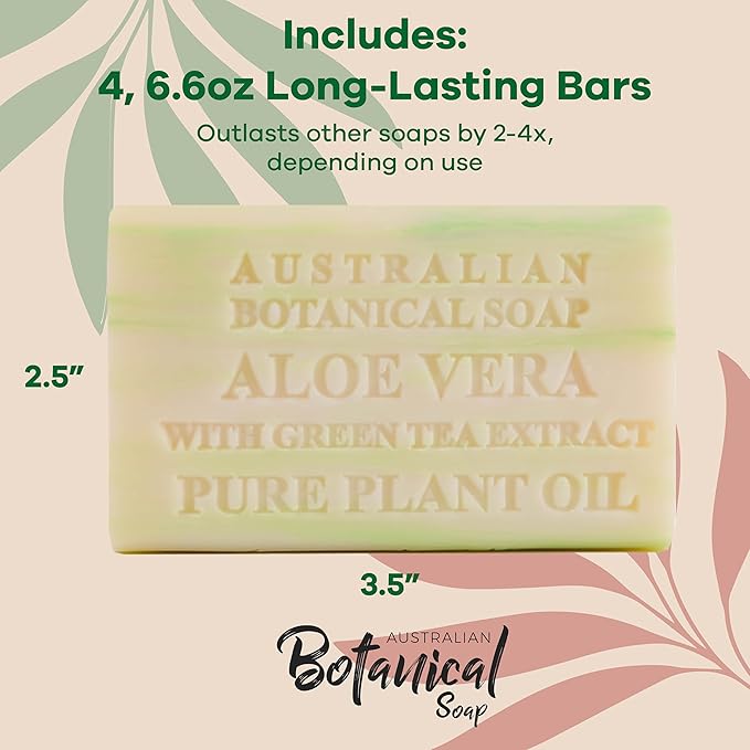 Australian Botanical Soap Aloe Vera with Green Tea Extract – Triple Milled 6.6 oz Bar Soap with Shea Butter, Face Hand & Body Bars, 4 Pack