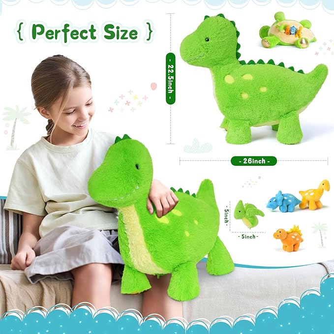 Tezituor Cute Dinosaur Stuffed Animal with 4 Baby,Dinosaurs Plush Toys,Large Dino for Girls Boys Kids (Dinosaur with 4 Babies)