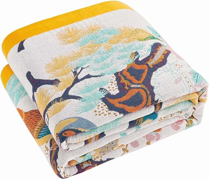 XIBLC Fall Throw Blanket for Couch, Yellow Boho Decorative Throw Blanket, 100% Cotton Muslin Breathable Woven Farmhouse Blankets Quilt, 80"x90" Reversible Lightweight Blankets Bohemian Throw Quilt