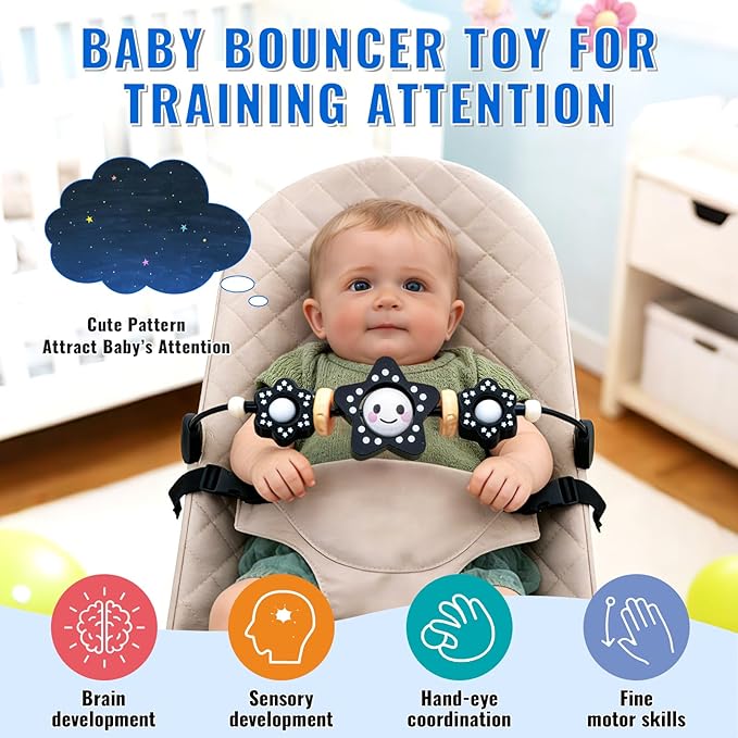 KENKYO Wooden Baby Bouncer Toy Bar Compatible with Baby Bjorn, Rotatable Bouncer Toy Attachment, Funny Sensory Toy for Newborn to Toddler, Easy to Attach and Remove (Black)