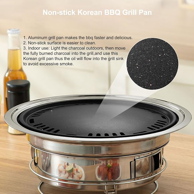Korean BBQ Grill Charcoal, Small Charcoal Grill 13.7 Inches Portable Grill Stainless Steel Barbecue Grill Tabletop kbbq grill Outdoor Indoor Camping