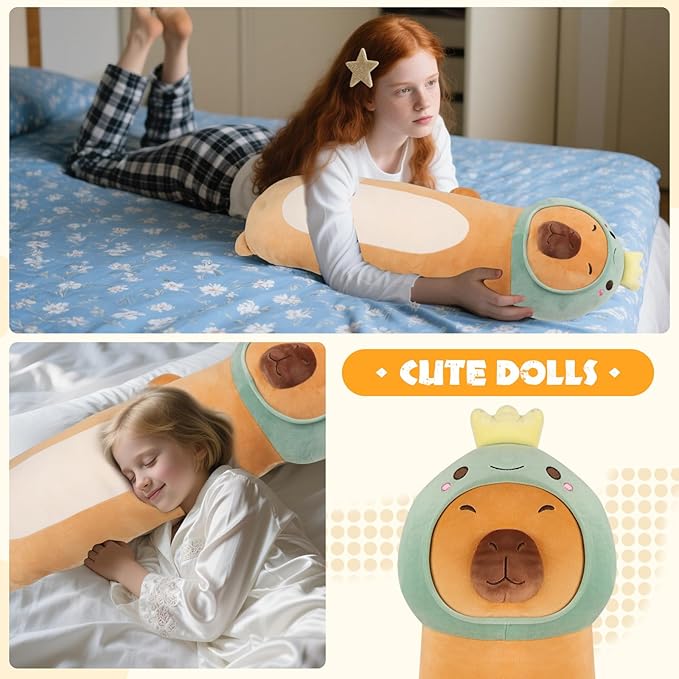 36 inch Extra Capybara Plush Long Pillow Toy Soft Stuffed Animal with Cute Dinosaur, Large Cuddle Sleeping Body Capybara Brown Big Plushies Gifts for Kids Boys Girls, Birthday