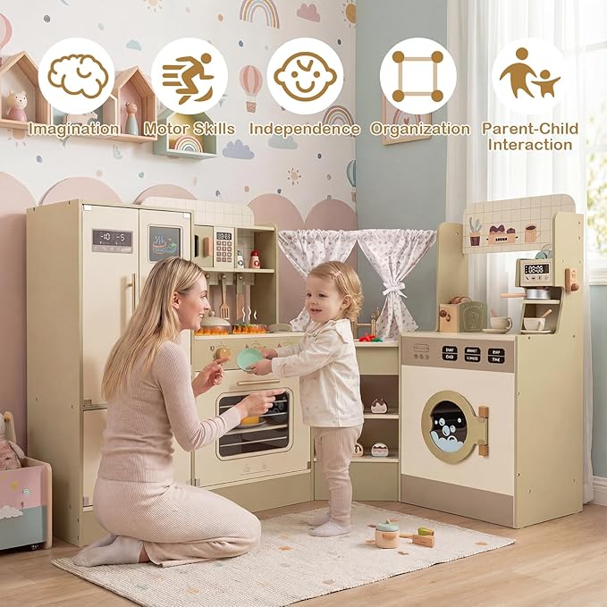 Costzon Kids Corner Play Kitchen, Pretend Play Kitchen Playset w/Stoves, Coffee Machine, Refrigerator, Microwave, Toaster & Accessories, Wooden Toy Kitchen Set for Boys Girls 3+