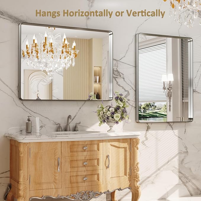 LOAAO 40X30 Inch Brushed Nickel Bathroom Mirror | Rounded Rectangle, Silver Metal Frame, Anti-Rust, Tempered Glass, Hangs Horizontally or Vertically