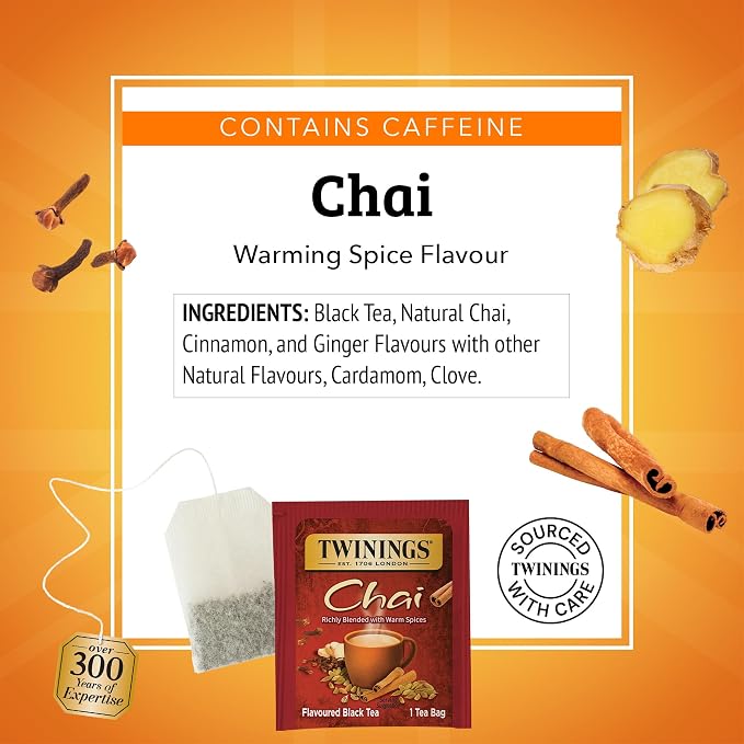 Twinings Chai Black Tea Individually Wrapped Bags, 20 Count (Pack of 1), Sweet, Savoury Spices, Caffeinated, Enjoy Hot or Iced, 20 Teabags