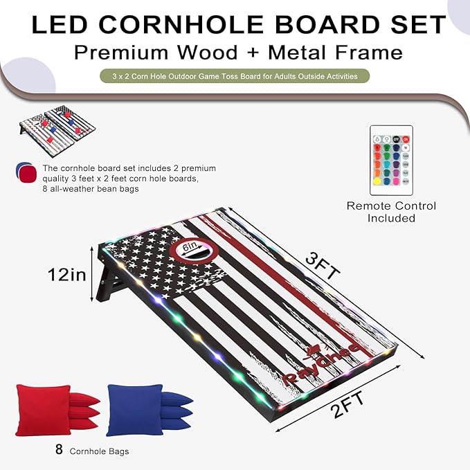 LED Cornhole Set, 3 x 2ft / 4 x2 ft Cornhole Board Game Set, Corn Hole Outdoor Game, Multi-Design with Light-Up Border, 8 Bean Bags, Carrying Case for Backyard, Beach, Lawn