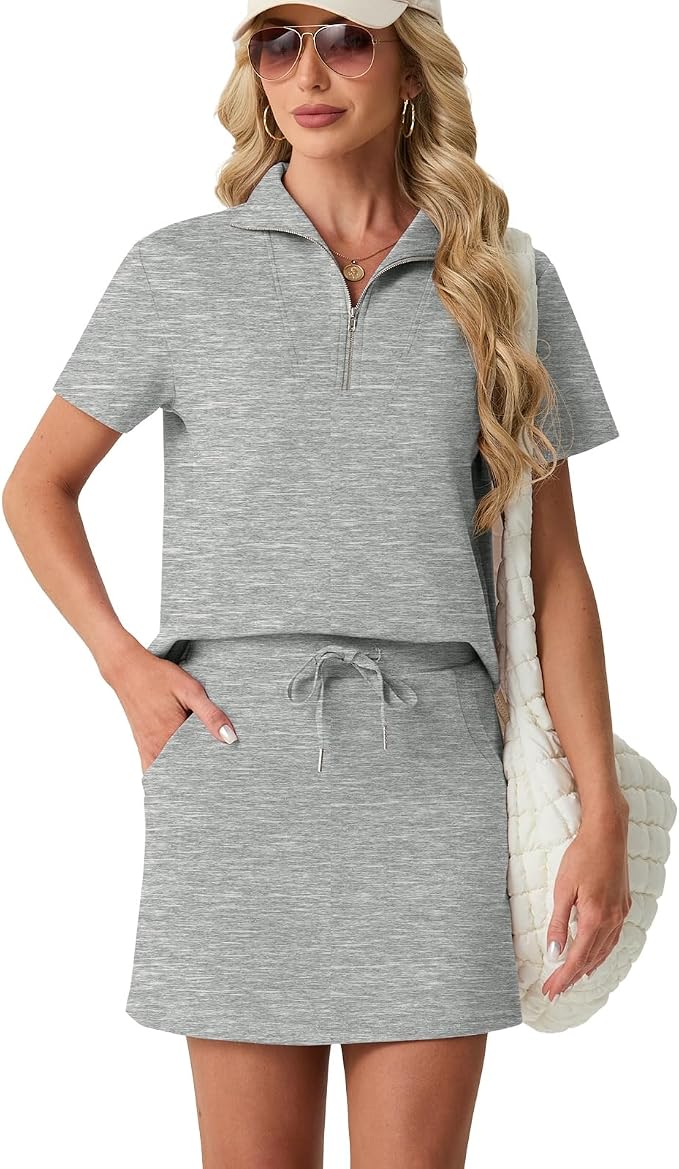 GRECERELLE Women's Summer 2 Piece Skort Set Half Zip Short Sleeve Top & Pocketed Tennis Skirt For Sports & Vacations.