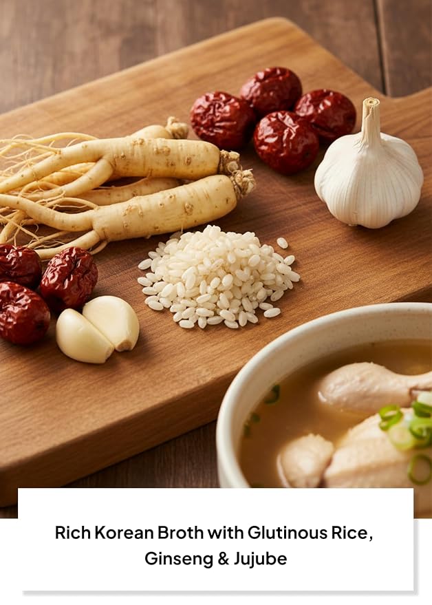 Korean Food Ginseng Chicken Soup Samgyetang, Jujube, Ready-to-Eat Meal 600g | Ready-to-eat Korean-style ginseng chicken soup with rice, ginseng, and jujube in a convenient 600g meal.