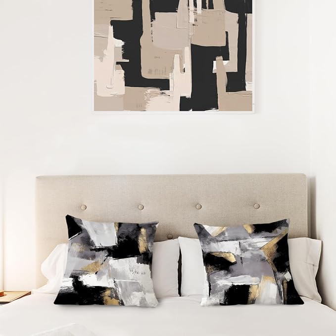Abstract Black & White & Gold Pillow Covers - 24x24 Set of 2, Modern for Couch & Bed Living Room