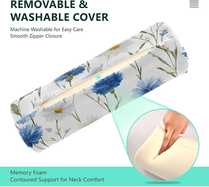 Neck Roll Pillow Bolster Pillows Round Health Memory Foam Long Cervical Cylinder Bolster Body with Removable Washable Cover for Bed Legs Back Yoga Blue Daisy Cornflowers White