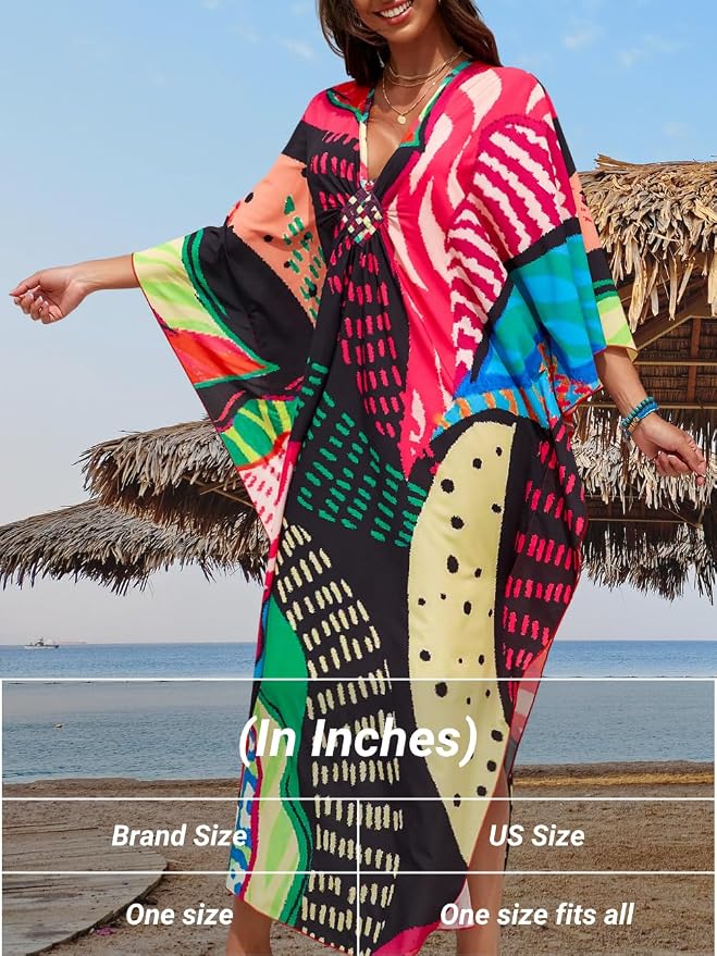 ChiaoLezhee Print Moo-Moos for Women, Kaftan Cover-Up Dresses, Sexy V-Neck High-Slit, Beach Pool-Party Coverups Muumuu Plus