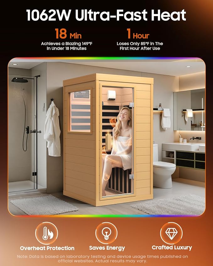 Sauna Infrared Sauna, Hemlock 1 Person Dry Sauna with Backrest, 1062W Fast Heating Low EMF Sauna with 5 Carbon Heaters, Sauna Infrared with Bluetooth & Integrated Speakers (Wood)