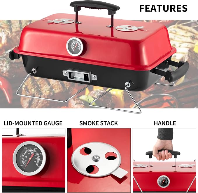 Portable Charcoal Grill, Tabletop Outdoor Barbecue Smoker, Small BBQ Grill for Outdoor Cooking Backyard Camping Picnics Beach,RED