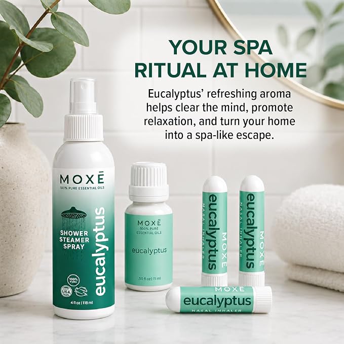 MOXĒ Eucalyptus Aromatherapy Gift Set, Essential Oil, Shower Steamer Spray, Portable Nasal Inhalers, Diffuser Essential Oil, Sinus & Congestion Relief, Therapeutic Grade, Made in USA