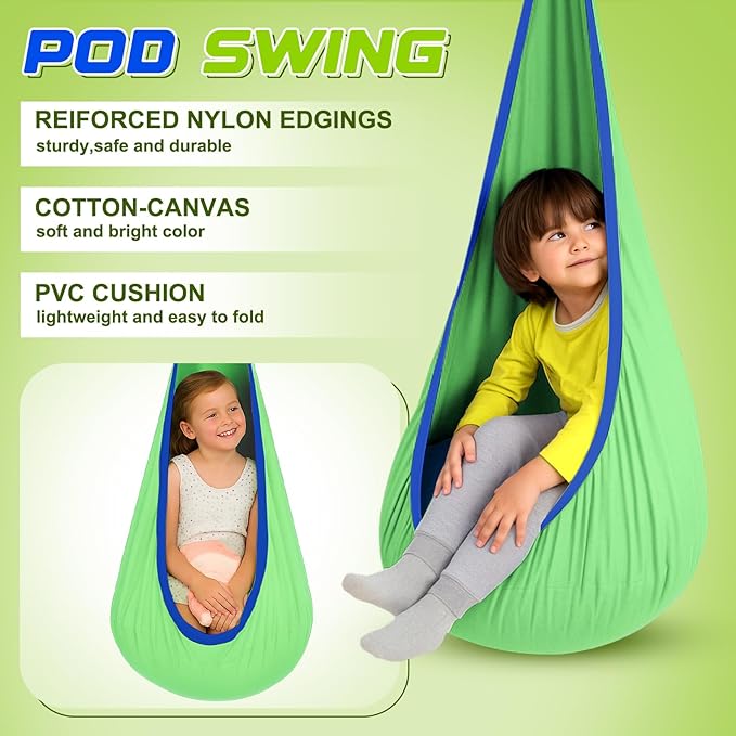 Sensory Swing Stand Frame with Pod Chair and Swings Set Kid Heavy Duty Metal Swing Stands Autism Hammock Chair Stand Tree Saucer Round for Kid Adult Indoor Outdoor Backyard Park(Grass Green)
