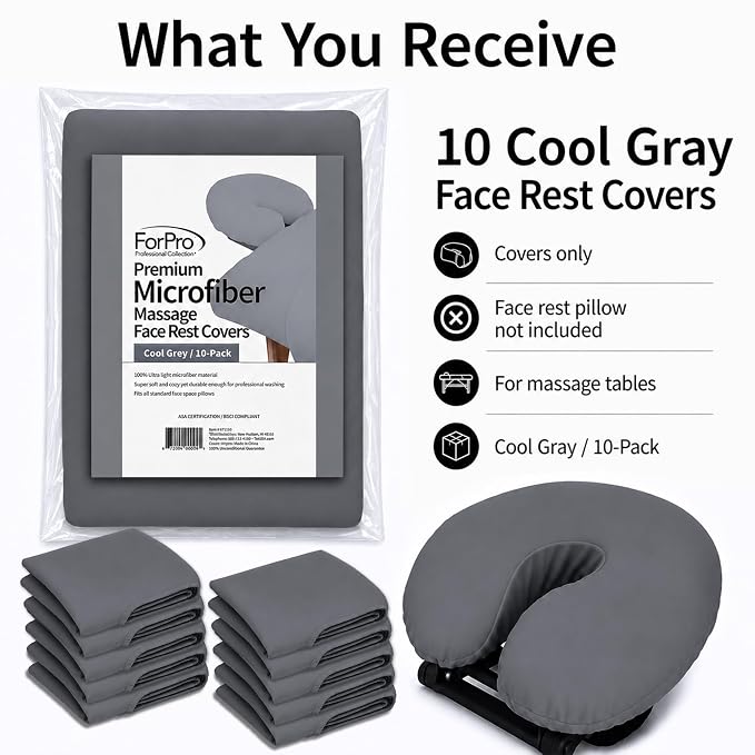 ForPro Premium Microfiber Massage Face Rest Cover, Cool Grey, Ultra-Light, Stain and Wrinkle-Resistant, for Massage Tables, 10-Count