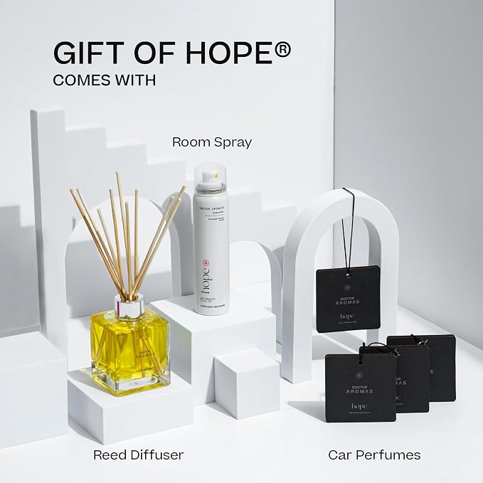 Doctor Aromas Gift of Hope Bundle: Essential Oil Reed Glass Jar Diffuser Set + Room Spray + 4X Car Perfume – Elegant Odor Eliminator and Air Freshener Scent Aromatherapy Gift