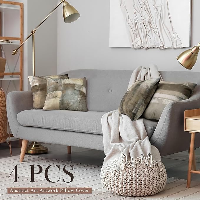 Abstract Throw Pillow Covers, Brown Tan Gray, 20x20, Set of 4 | Taupe Modern Abstract Art Decorative Cushion Covers, Neutral Pillow Cases for Sofa Couch Bedroom Living Room