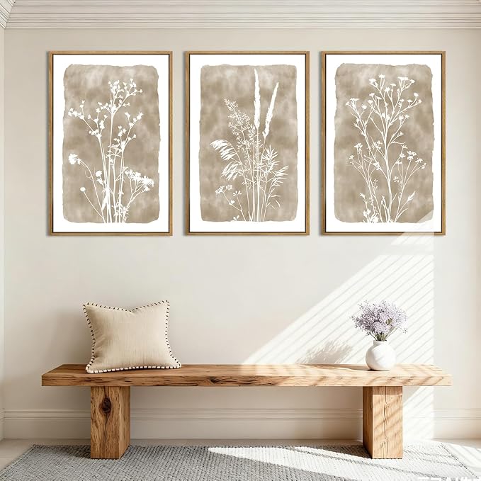 ANHUIB Beige Neutral Floral Canvas Wall Art 24x36 Inch Framed Brown Botanital Wall Decor Large Rustic Farmhouse Wildflower Artwork Boho Vintage Plant Art Prints Set of 3 for Living Room Bedroom Office