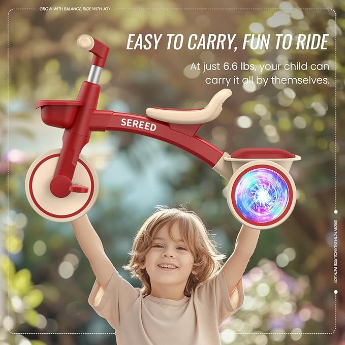 SEREED Colorful Lighting Toddler Tricycle for 2-5 Years Old Boys Girls, Adjustable Seat&Handlebar Trike, Removable Basket, Birthday Gift Idea for Kids Ages 2+ (Red)