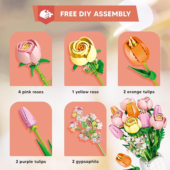 Flowers Bouquet Building Set Tulips Camellia with Vase for Adult -1011pcs