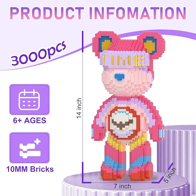 Bear Building Blocks with Organizer Bins (3000PCS), Fluorescent Bricks & Stroage Drawer, Gift for Adults & Kids, Ideal for Home & Office Decor, QR Code User Manual, 8881