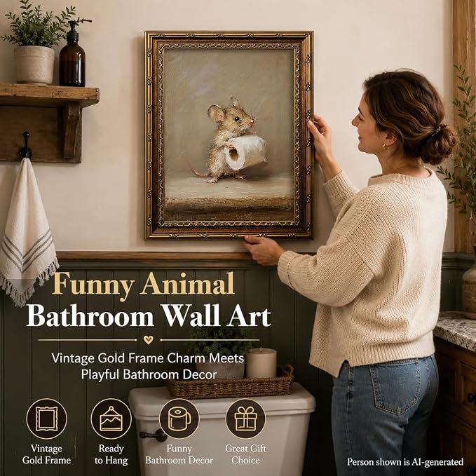 Funny Bathroom Wall Art, Vintage Gold Framed Mouse With Toilet Paper, 16x24 | Funny mouse canvas print, cute animal bathroom decor, rustic farmhouse style, wall art for restroom, washroom, or powder room