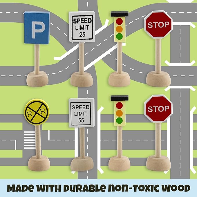 Kids Wooden Street Signs Playset (14-Piece Set), Wood Traffic Signs Perfect for Car & Train Set