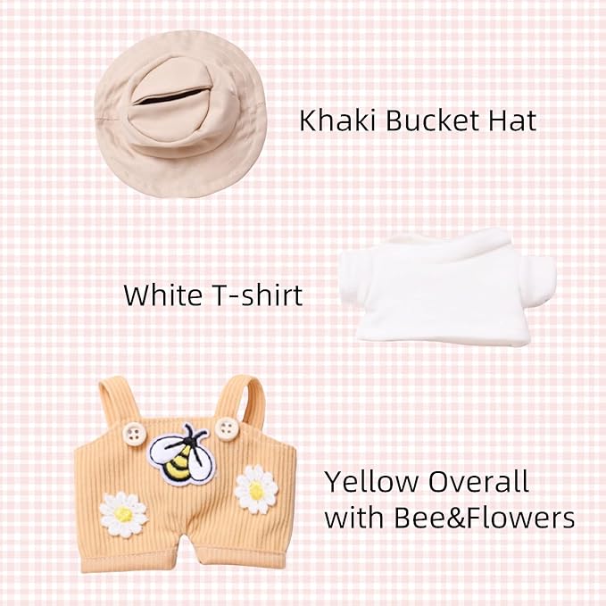 17cm Doll Designer Clothes Set, La-Booboo Doll Halloween Outfit Set Accessories with Tshirt, Yellow Overall, Black Camera, Glasses, Shoes, Khaki Bucket Hat, Yellow